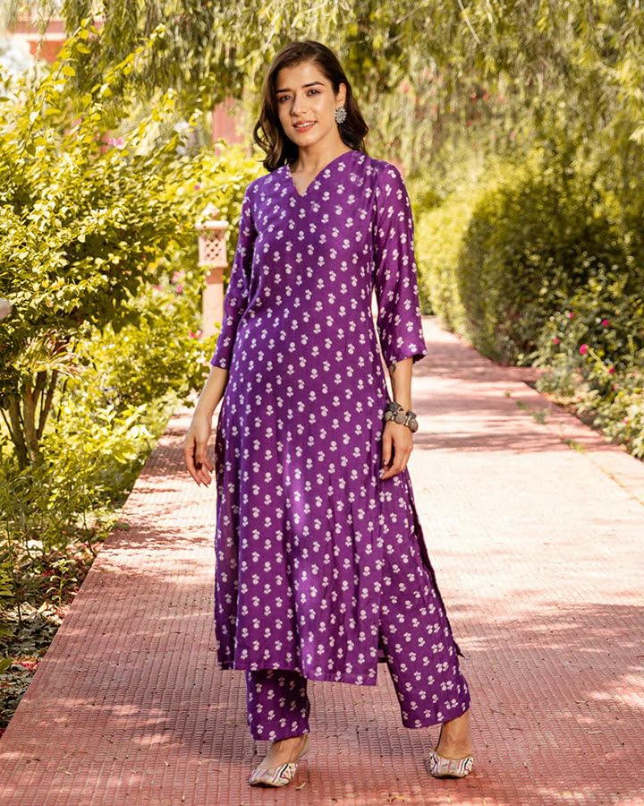 ANNI DESIGNER Womens Cotton Blend Straight Printed Kurta with Palazzo (Tenzin Purple_S_Purple_Small)