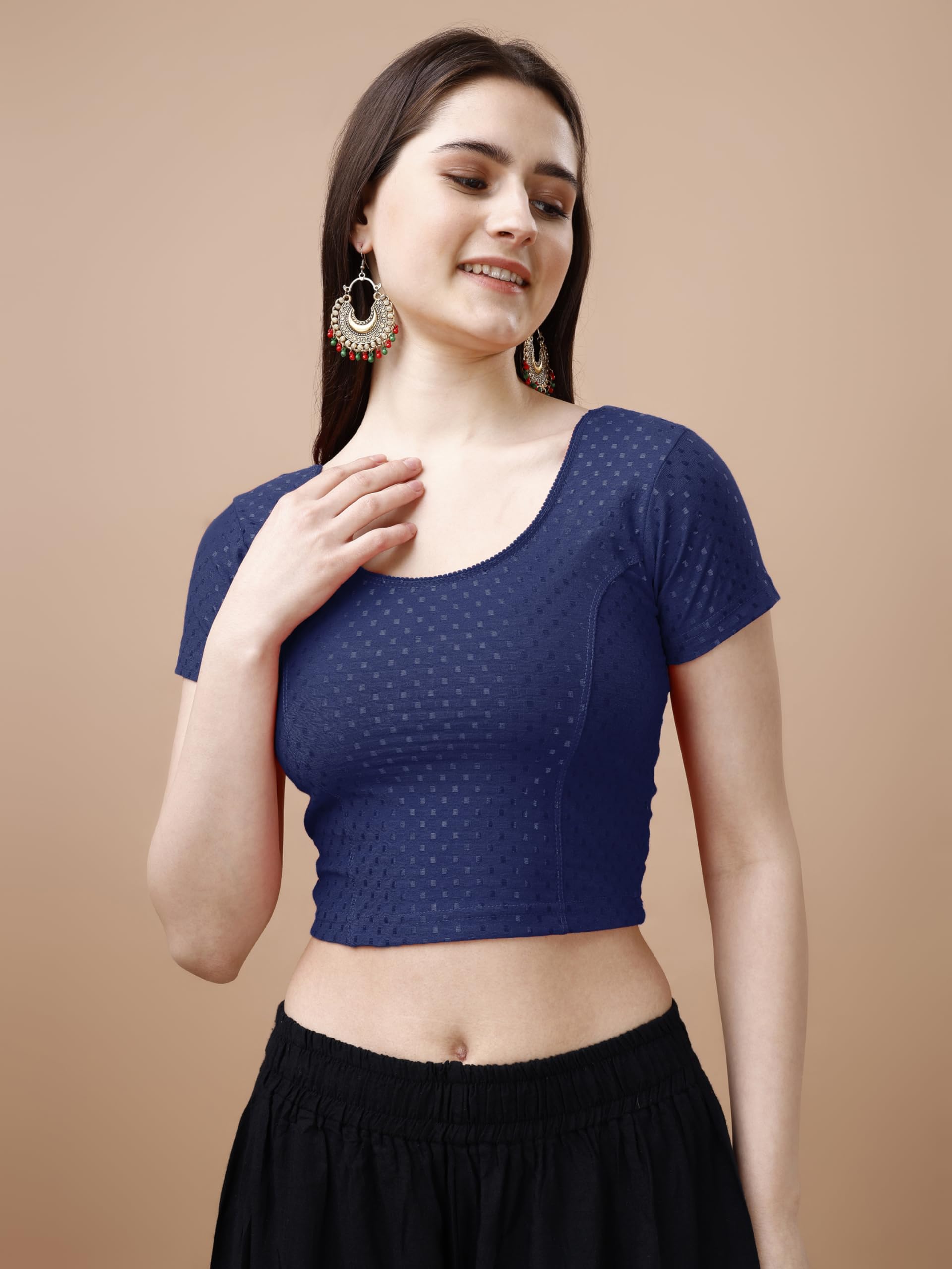 Pujia Mills WomenS Readymade Dobby Cotton Lycra Stretchable Round Neck Short Sleeve Blouse Fancy Navy Blue Color Lycra Stretcha