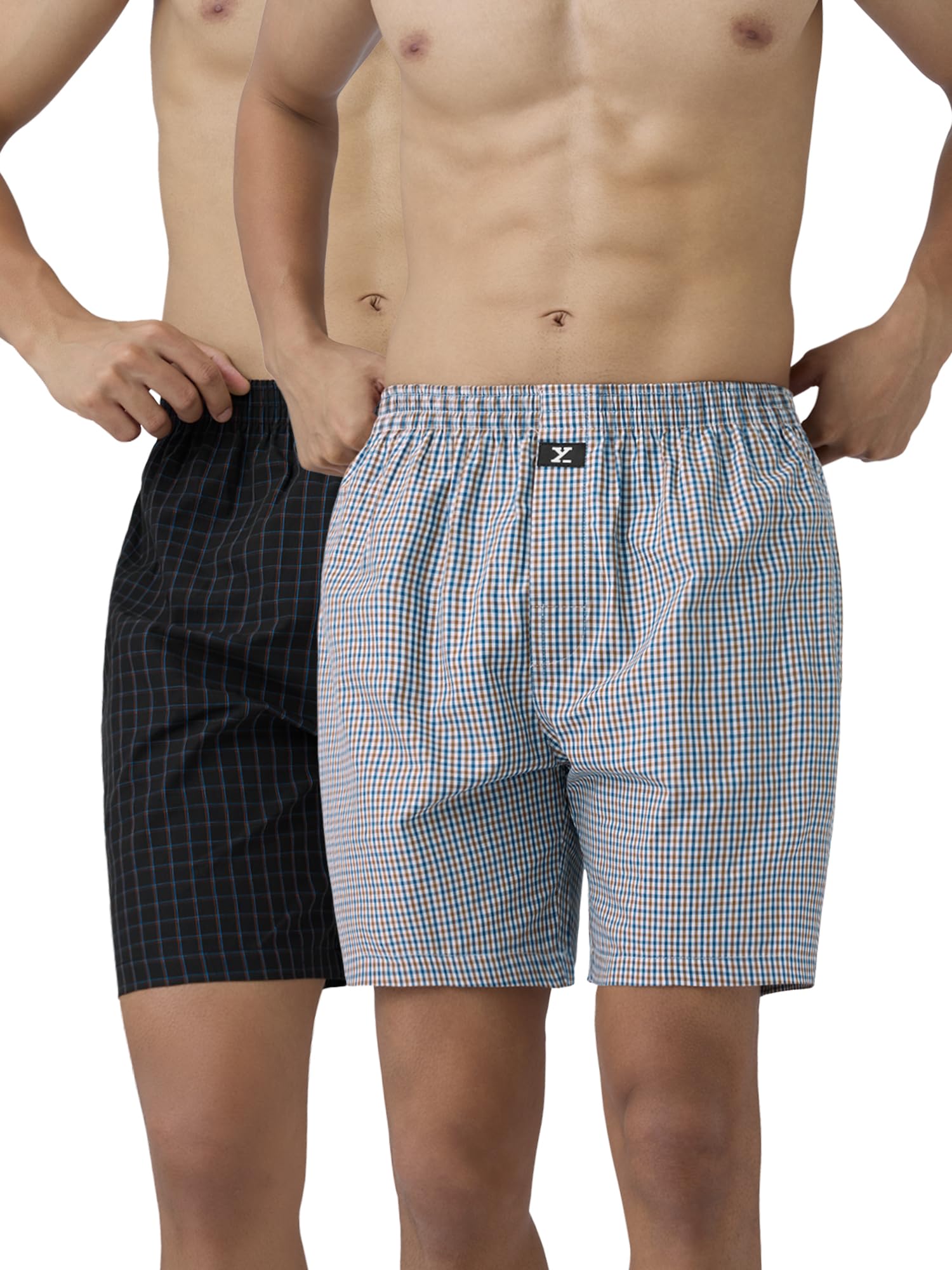 XYXX Mens Super Combed Cotton Checkmate Boxer Shorts Elasticated Waist, Drawstring | Loungewear for Men Pack of 2 (XL; Jet Blac