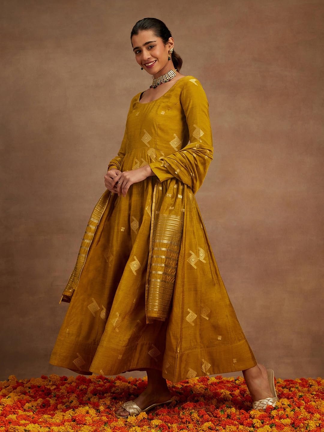 Libas WomenS Chanderi Silk Woven Design Regular Fit Kurta Sets (34742_Mustard