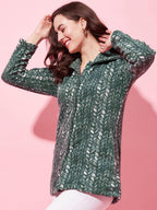 Modeve Women Printed Full Sleeve Olive Jacket For Winter