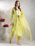 ANNI DESIGNER Women s Rayon Blend Kurta with Pants and Dupatta, Lemon Yellow, 3XL