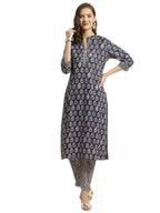 Rangita Women Indigo Cotton Floral Printed Calf Length Straight Kurti With Pants, S
