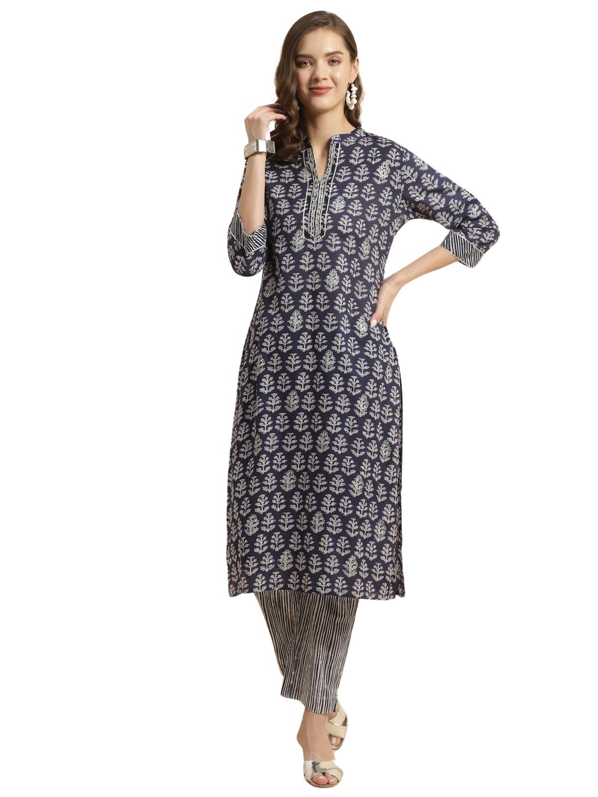 Rangita Women Indigo Cotton Floral Printed Calf Length Straight Kurti With Pants, S