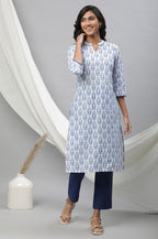 Aurelia White Leaf Print Cotton Long Kurta With Lace