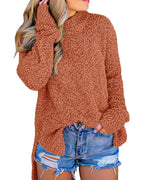 Imily Bela Womens Fuzzy Knitted Sweater Sherpa Fleece Side Slit Full Sleeve Jumper Outwears Red Brick