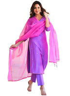 ANNI DESIGNER Womens Cotton Blend Mirror Work Straight Kurta with Pant & Dupatta (Mirror-Purple_M_Purple_Medium)