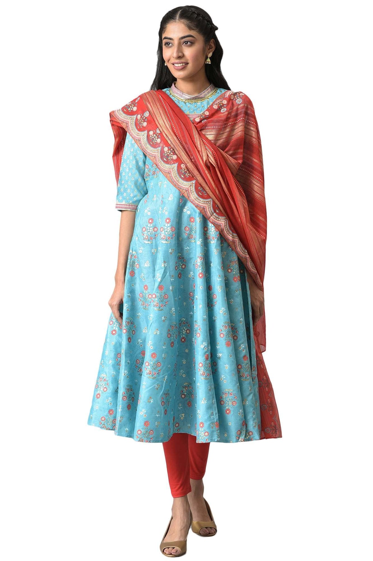 Aurelia Women Blue Foil Printed Kurta With Red Tights And Printed Dupatta_22Aud10474-504008_Xl