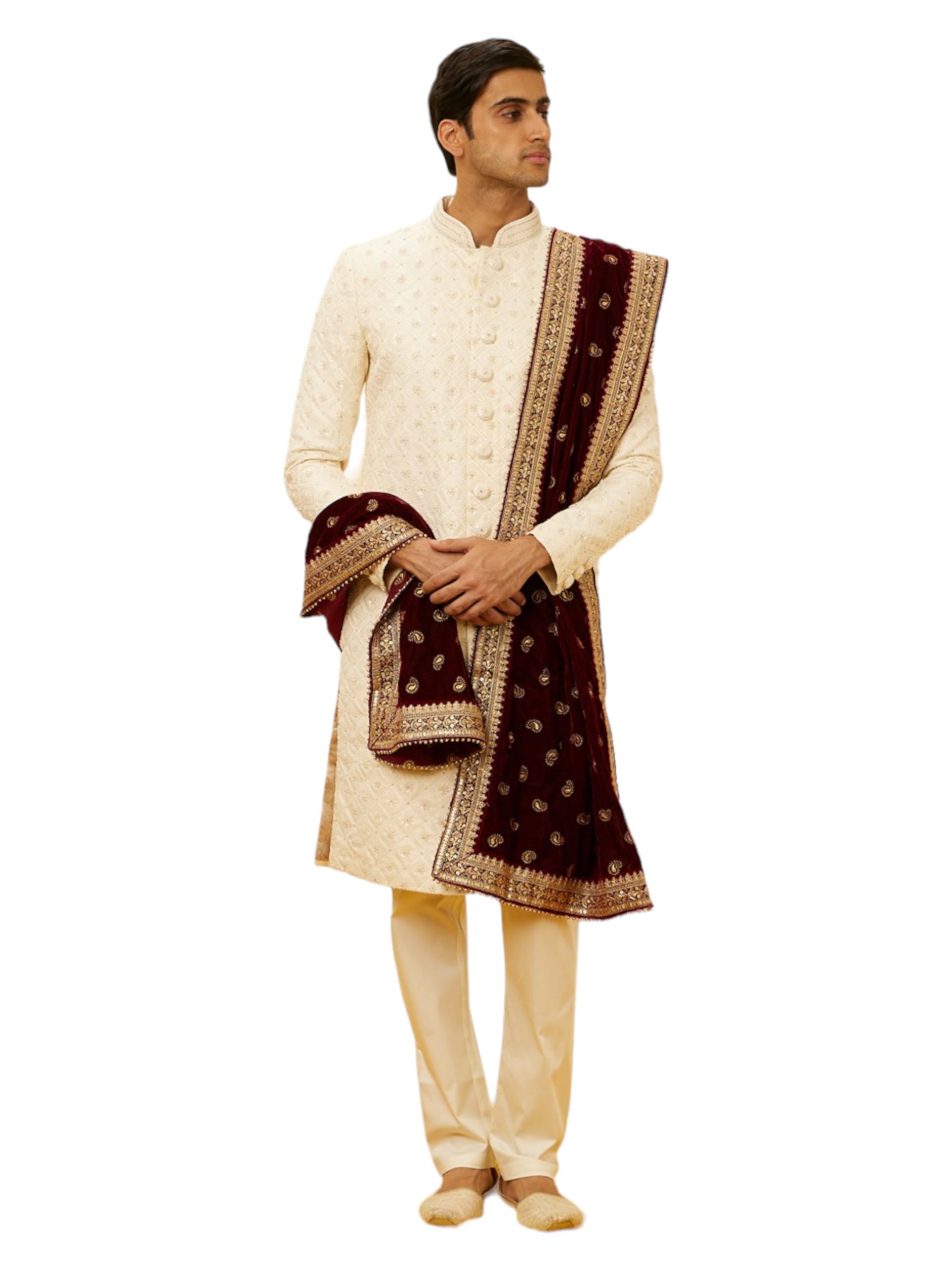 Manyavar Deep Maroon Paisley Embroidered Dupatta