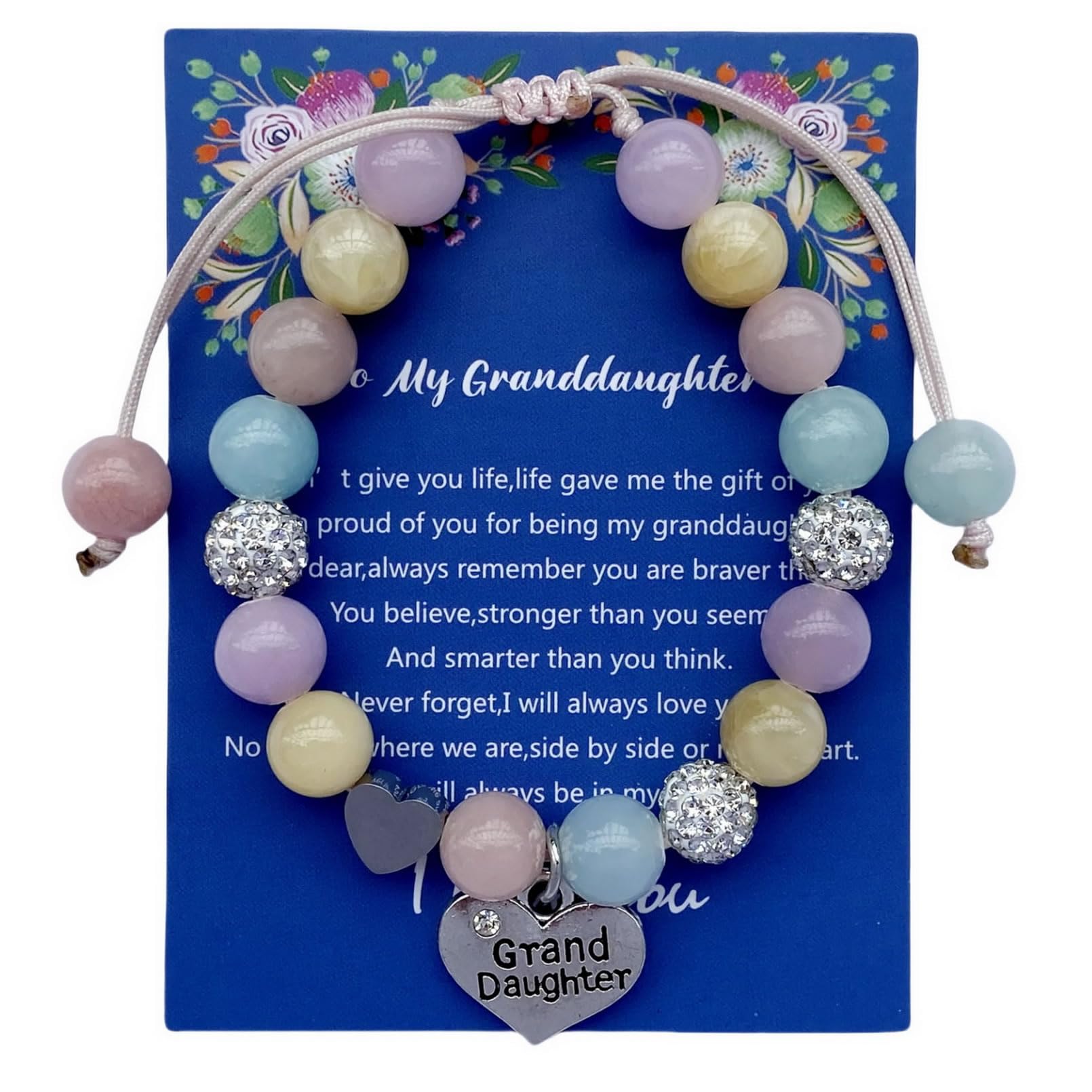 DOLON Handmade Rhinestone Crystal Multi Color Stones Beaded with Heart Granddaughter Charm Bracelet Gift Adjustable for Birthday