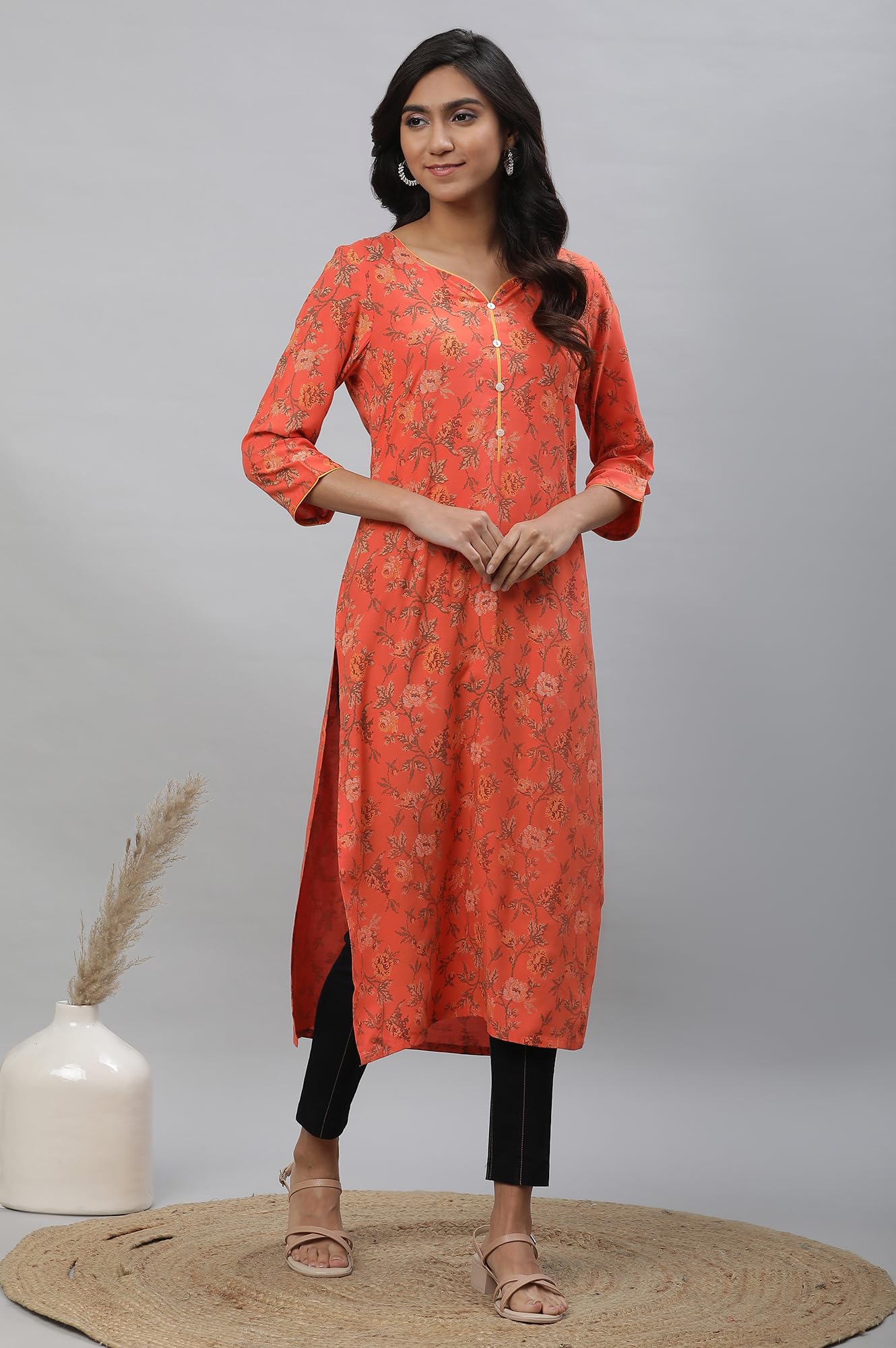 Aurelia Orange Floral Printed Printed Straight Long Kurta For Women