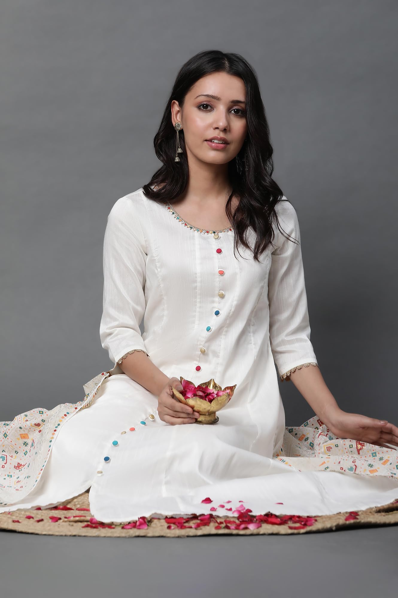 White Anarkali Kurta, Tights And Dupatta Set
