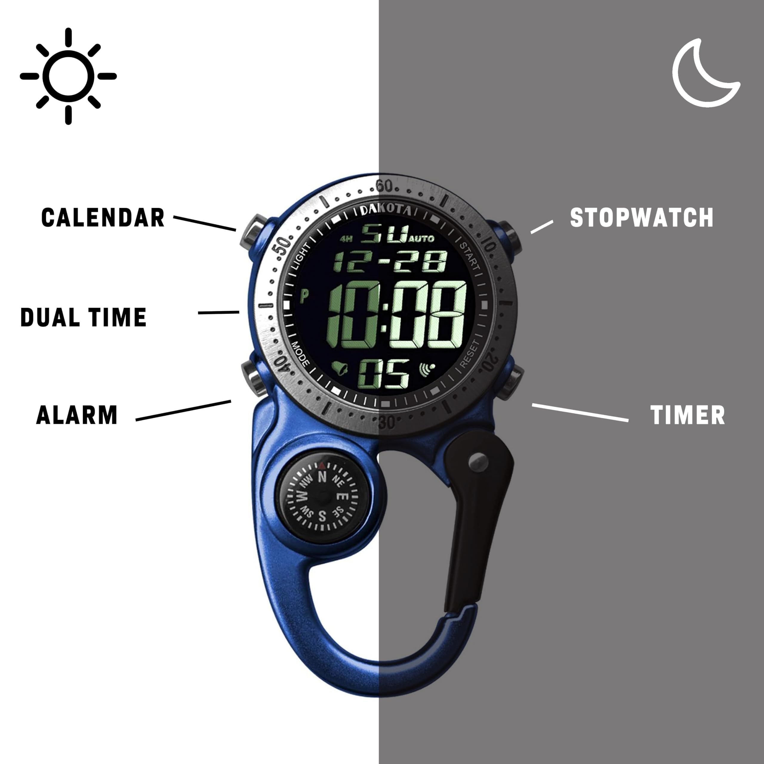 Dakota Digital Backpacker Clip Watch, Alarm, Stopwatch, Timer and Dual Time, Outdoor Gifts for Men and Women, Tactical Digital W