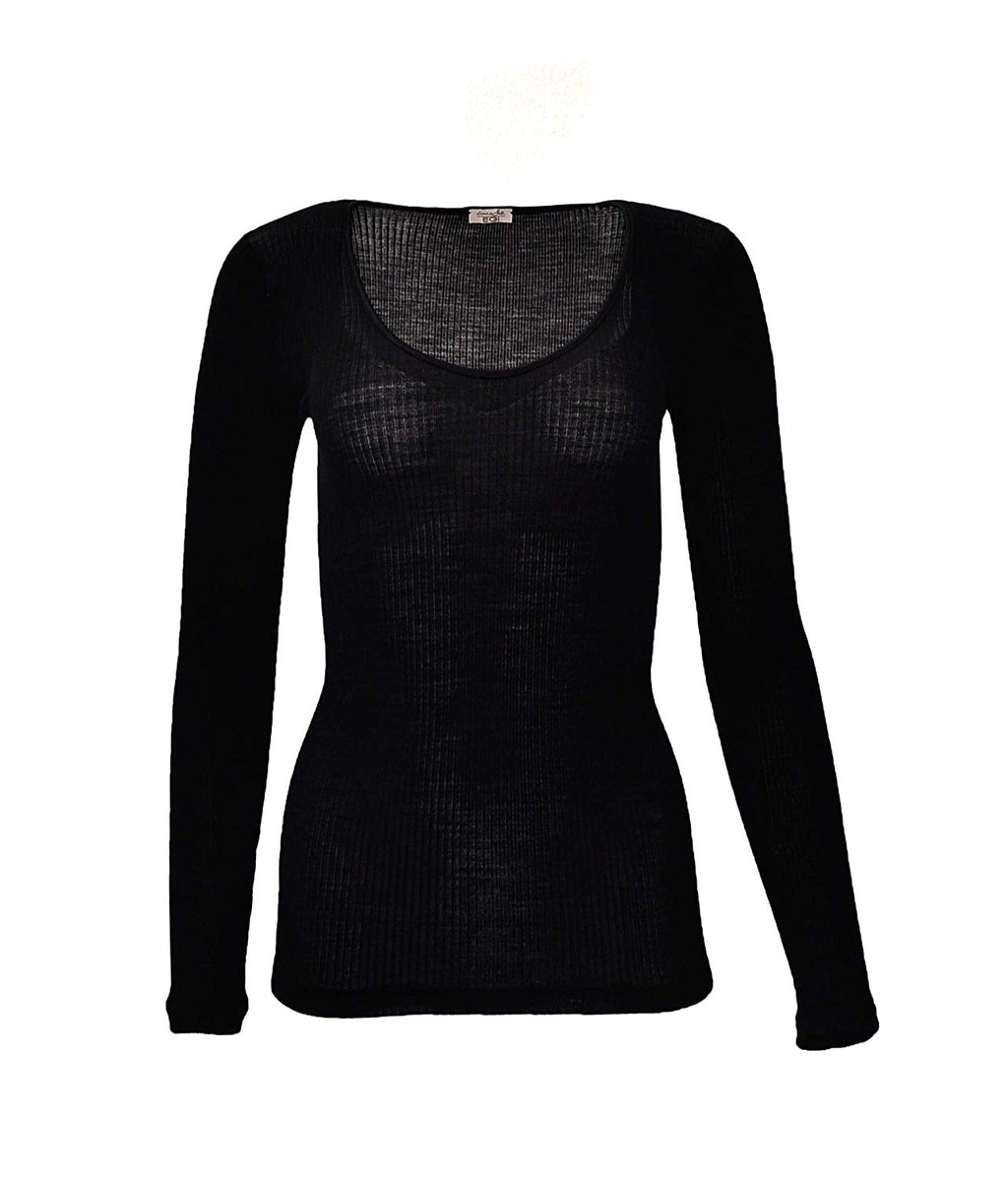 EGi Luxury Wool Silk Long Sleeve Top with Satin Trim. Proudly Made in Italy (1437)