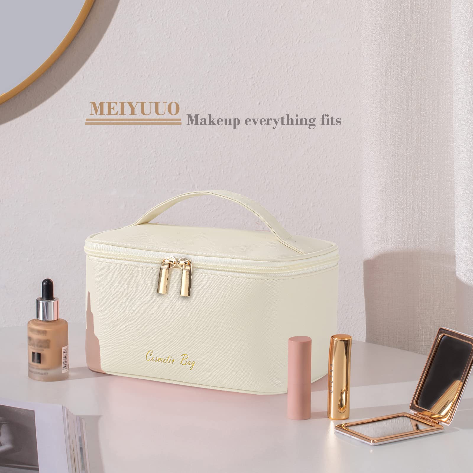Meiyuuo Cute Makeup Bag Small Cosmetic Bags for Women Medium Pouch Toiletry Bag Waterproof Organizer(Light Beige)