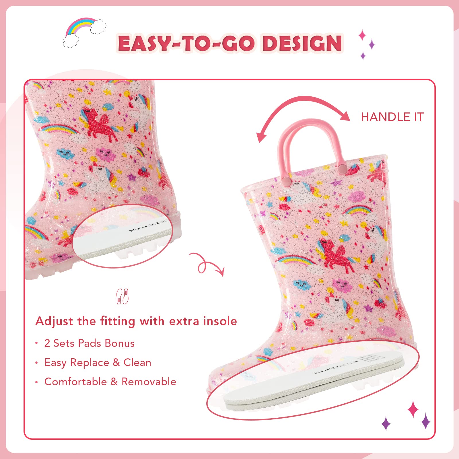 EUXTERPA Toddler-Kids Waterproof Light Up Rain Boots Patterns and Glitter Boots with Handles for Girls Toddler Size 8 Pink Unico