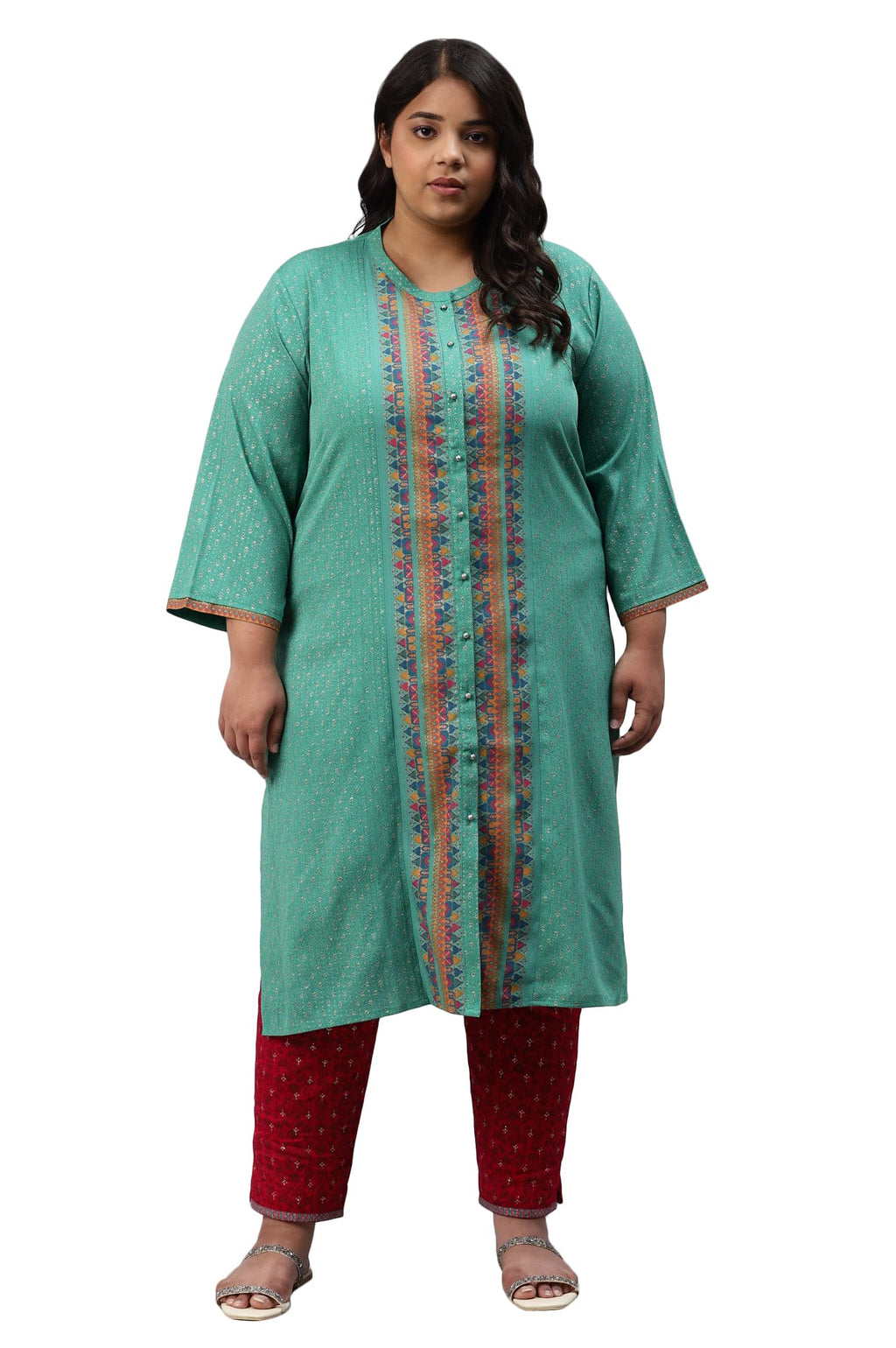 W For Woman Pop Green Printed Festive Full Placket Plus Size Kurta_22Auw18237G-119077_5Xl