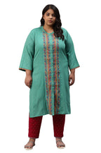W For Woman Pop Green Printed Festive Full Placket Plus Size Kurta_22Auw18237G-119077_5Xl