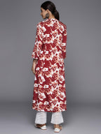 Varanga Maroon Floral Printed Mandarin Collar With Slit, Three Quarter Sleeves A-Line Kurta With Side Slits