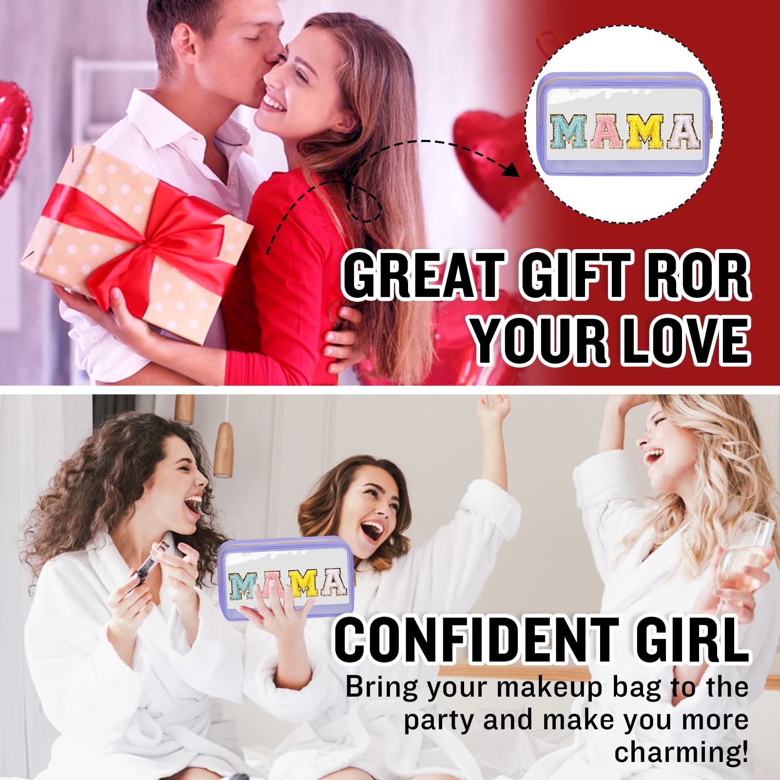 Chenille Letter Clear Makeup Bag with Zipper and Waterproof Nylon Material