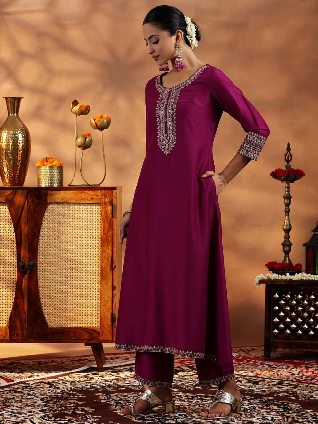 Libas Womens Yoke Design Silk Blend A-Line Kurta With Trousers And Dupatta