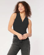 Shasmi Womens & Girls Solid Ribbed Polo Club Collar Sleeveless Slim Fit Simplicity Tank Tops (Pack of 2) (TOP 49 Black N Blue