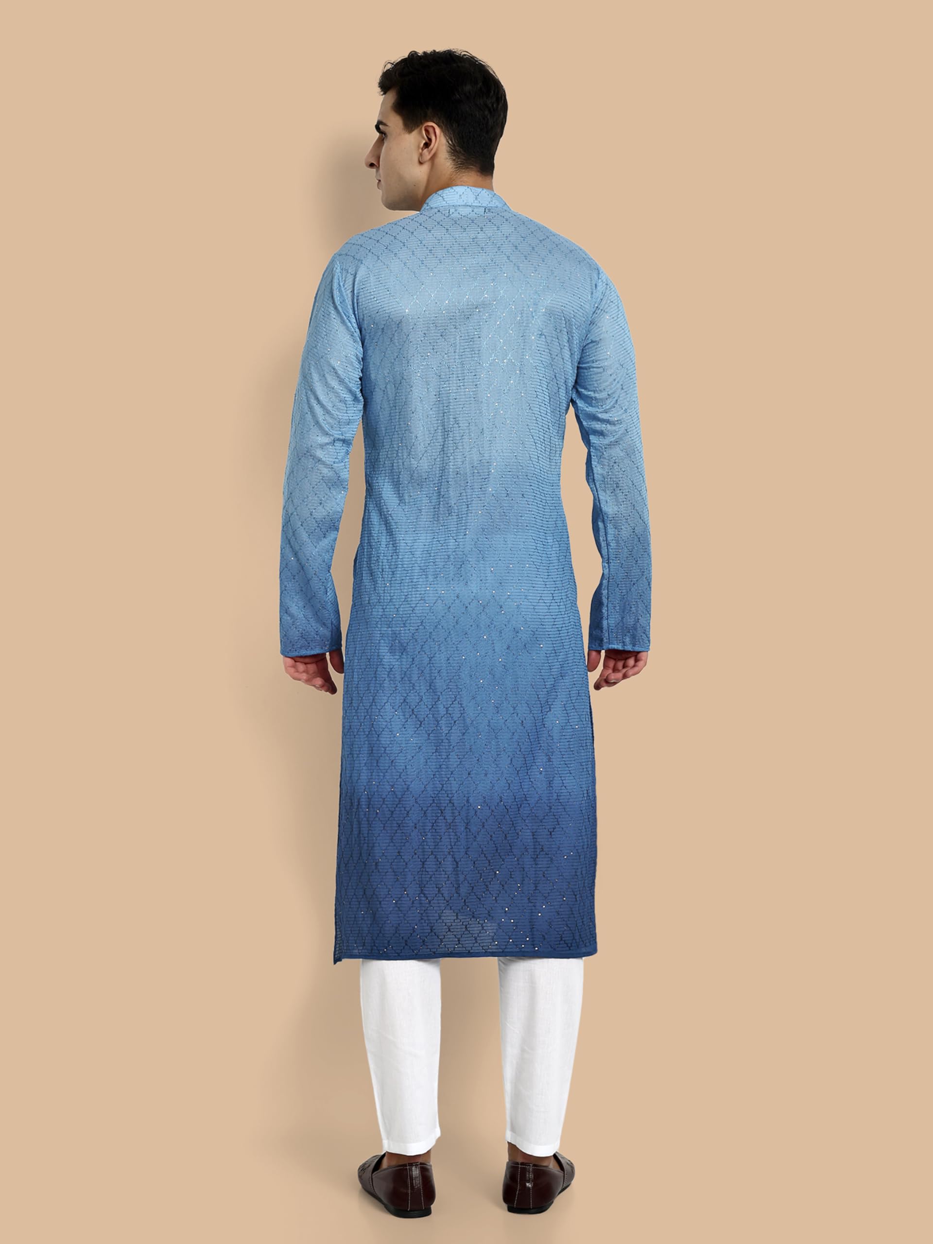 Vardha MenS Cotton Chikankari Embroidered And Sequence Full Sleeve Knee Length Casual Kurta For All Occations Like Wedding, Off