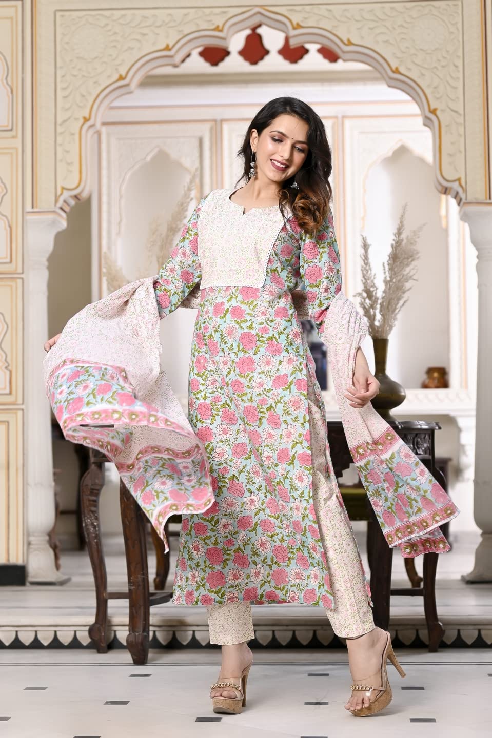 ANNI DESIGNER Womens Cotton Blend Straight Printed Kurta with Pant & Dupatta (Spring Green-SNW_M_Green_Medium)