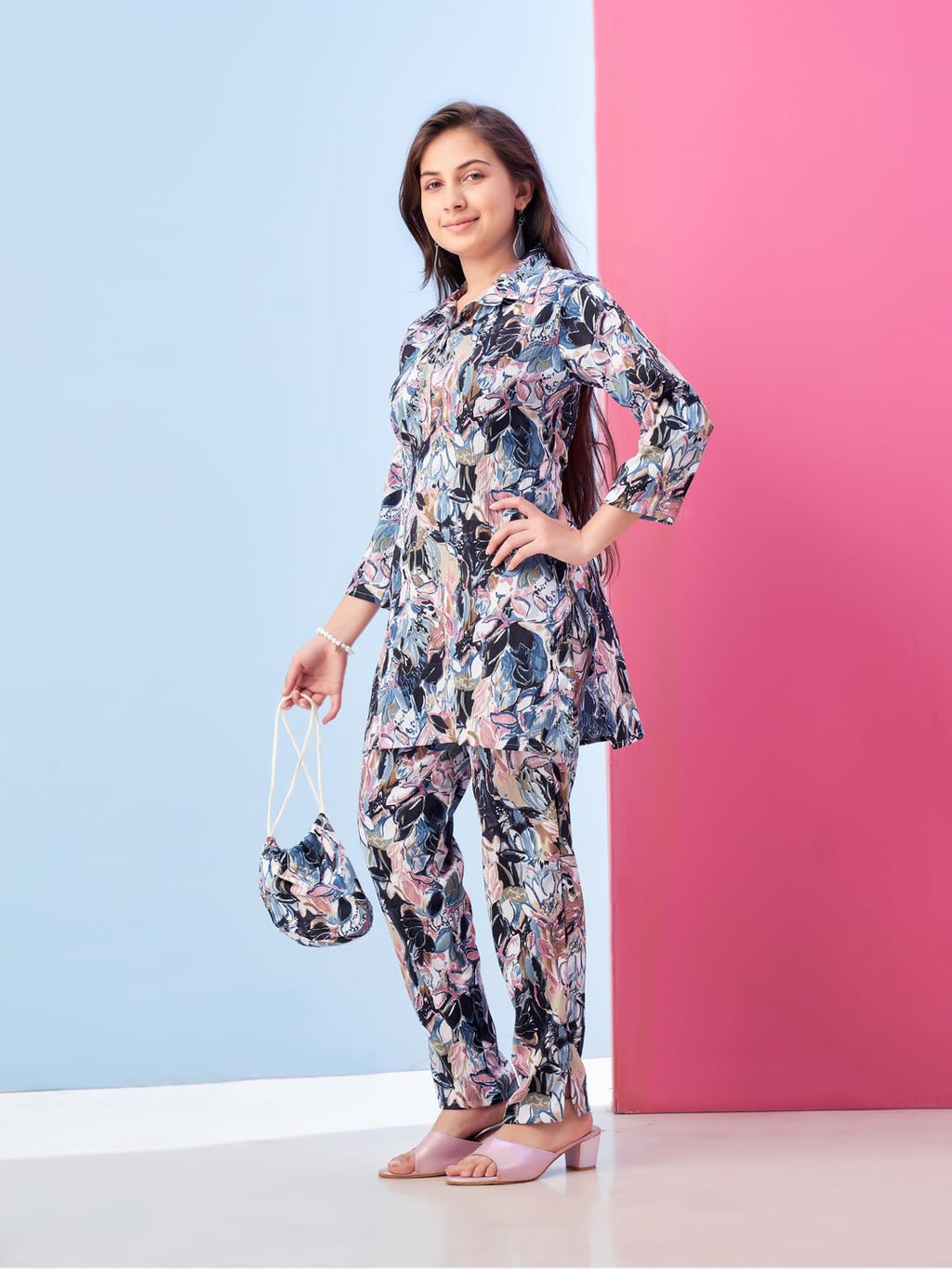 Aarika Girls Casual Wear Blue Colour Floral Print Polyester Co-ord Set-8-15 Years (KP-TR-K-971)