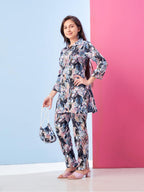Aarika Girls Casual Wear Blue Colour Floral Print Polyester Co-ord Set-8-15 Years (KP-TR-K-971)