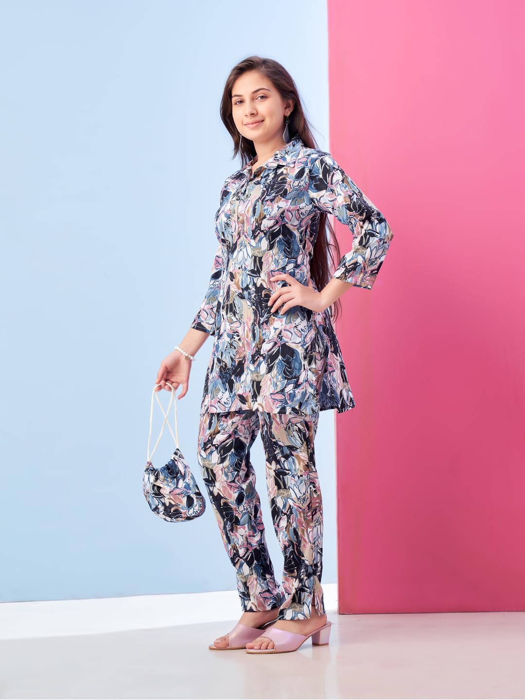 Aarika Girls Casual Wear Blue Colour Floral Print Polyester Co-ord Set-8-15 Years (KP-TR-K-971)