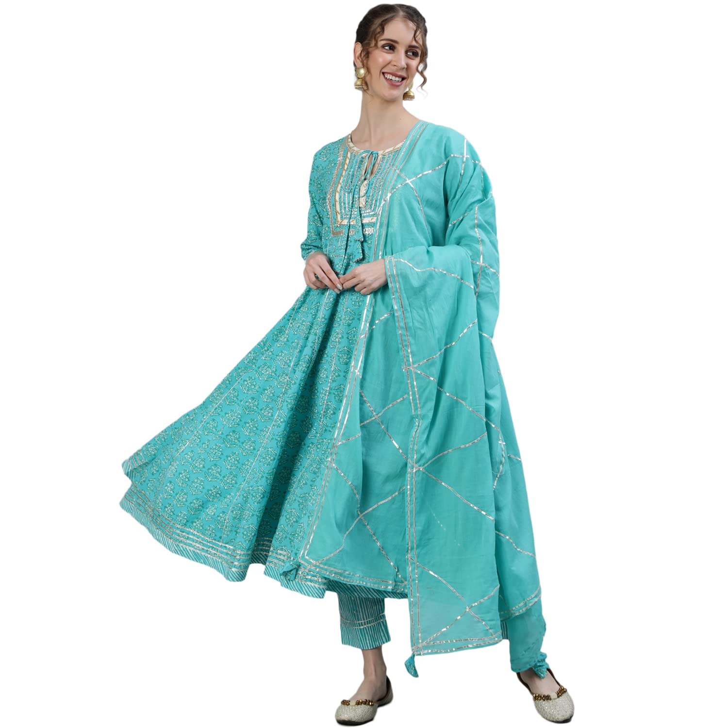 Ishin Women'S Sea Green Gota Patti Anarkali Kurta Set With Trouser And Dupatta