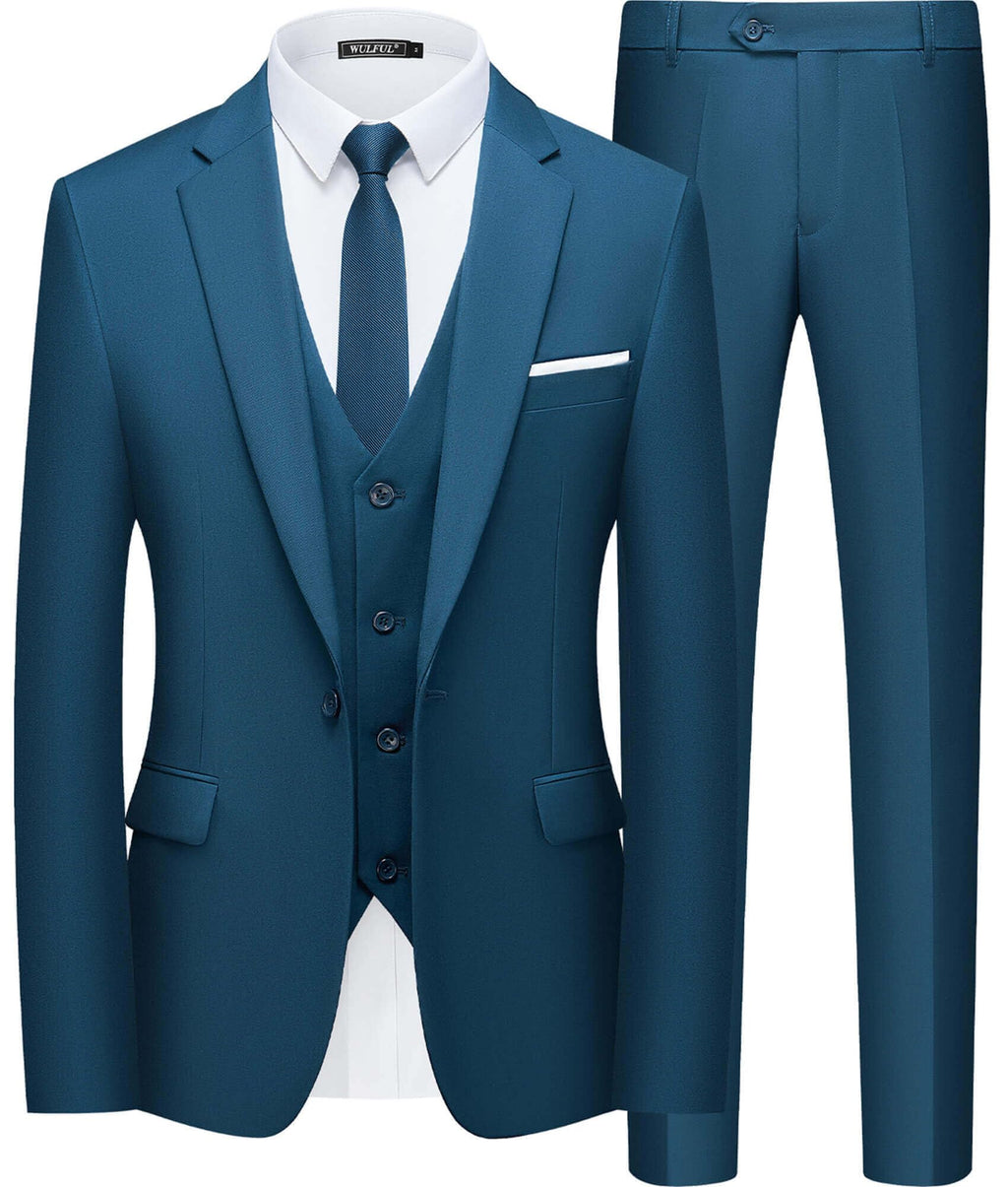 WULFUL Mens Slim Fit Suit One Button 3-Piece Blazer Dress Business Wedding Party Jacket Vest & Pant Teal Blue