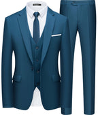 WULFUL Mens Slim Fit Suit One Button 3-Piece Blazer Dress Business Wedding Party Jacket Vest & Pant Teal Blue