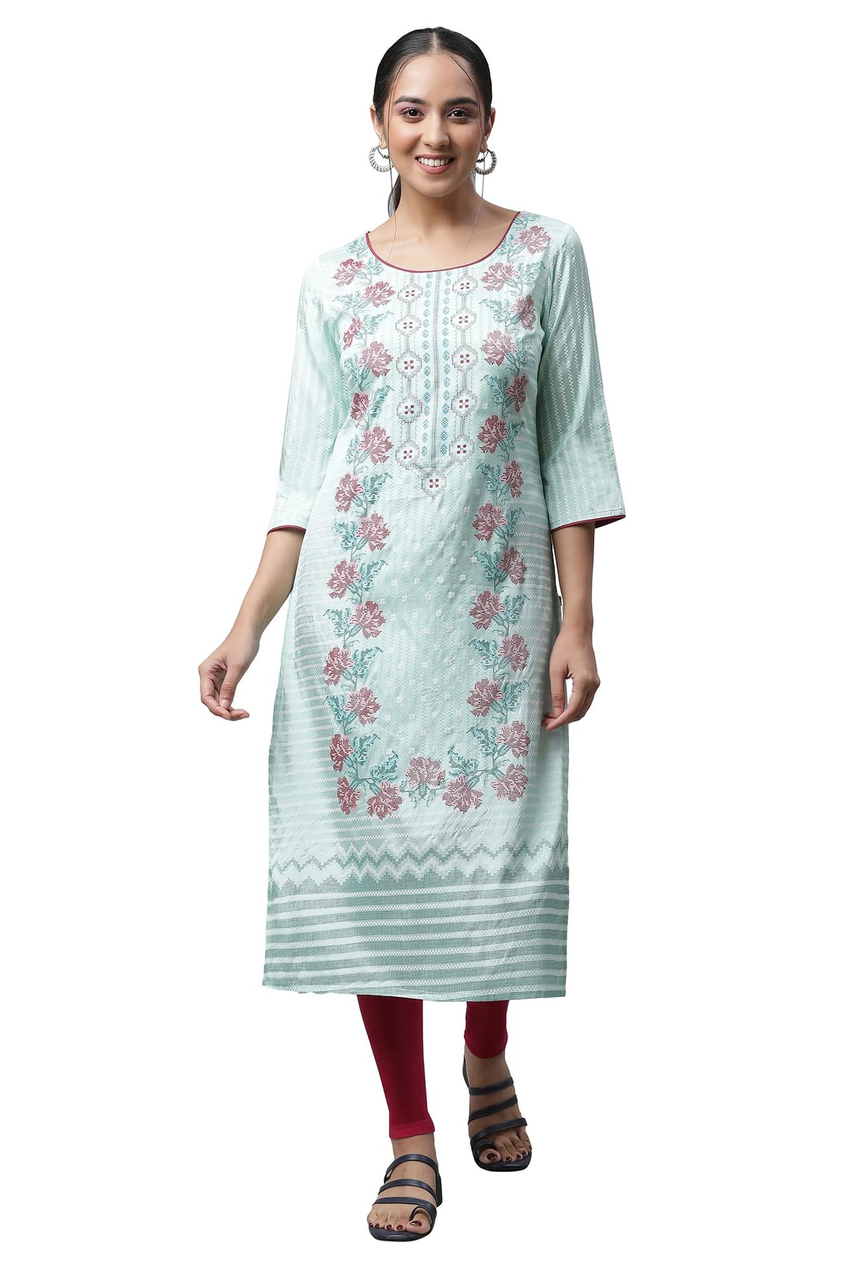 Aurelia Womens Brook Green Floral Printed Viscose Straight Kurta_23AUA14513-504931_S