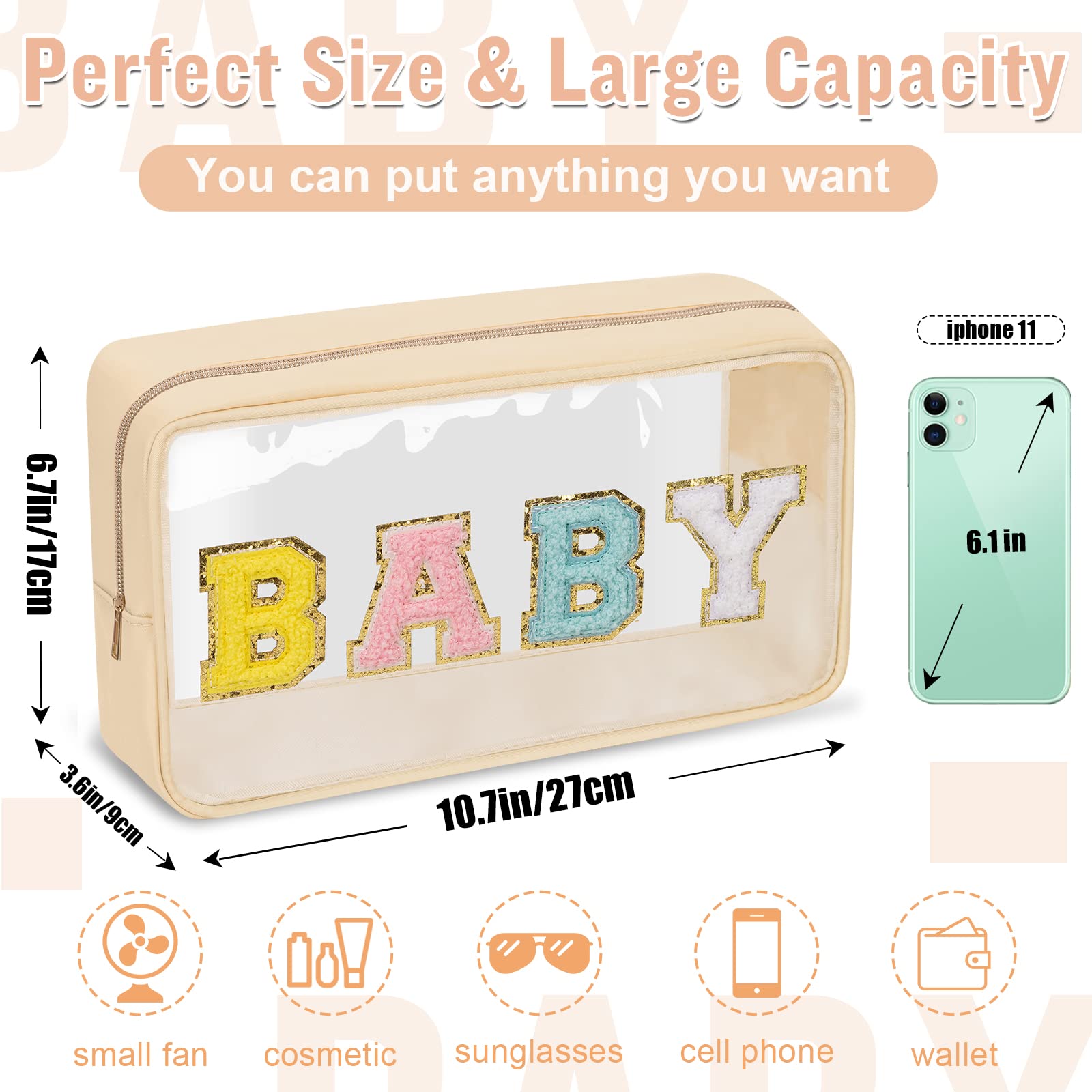 Chenille Letter Clear Makeup Bag with Zipper and Waterproof Nylon