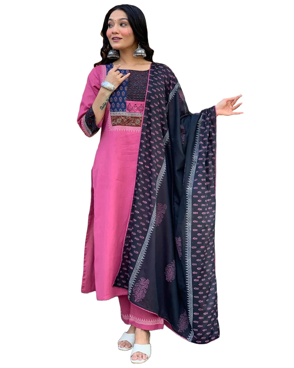 ANNI DESIGNER Womens Cotton Blend Straight Printed Kurta with Pant & Dupatta (Radhani Pink_XL_Pink_X-Large)