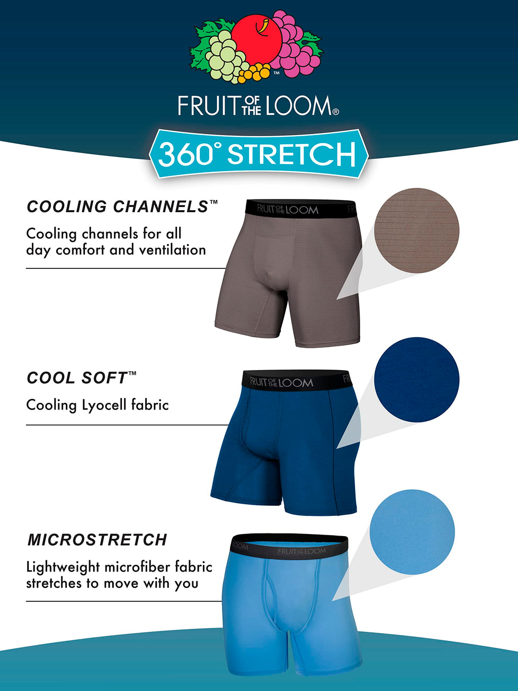 Fruit of the Loom Men's 360 Stretch Boxer Briefs (Quick Dry & Moisture Wicking), 5 Pack-Grey/Red/Blue, 3X-Large Big