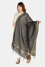 Fabme Women'S Checkered Dupatta With Embellish Golden Border Black, Silver - Pack Of 2