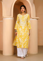 Gosriki Women'S Cotton Blend Chikankari Embroidered Straight Kurta (Zainab Yellow-Nw-Gs_Xl_Yellow_X-Large)