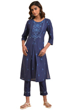 W Dark Blue Floral Printed Cotton Straight Long Kurta For Women