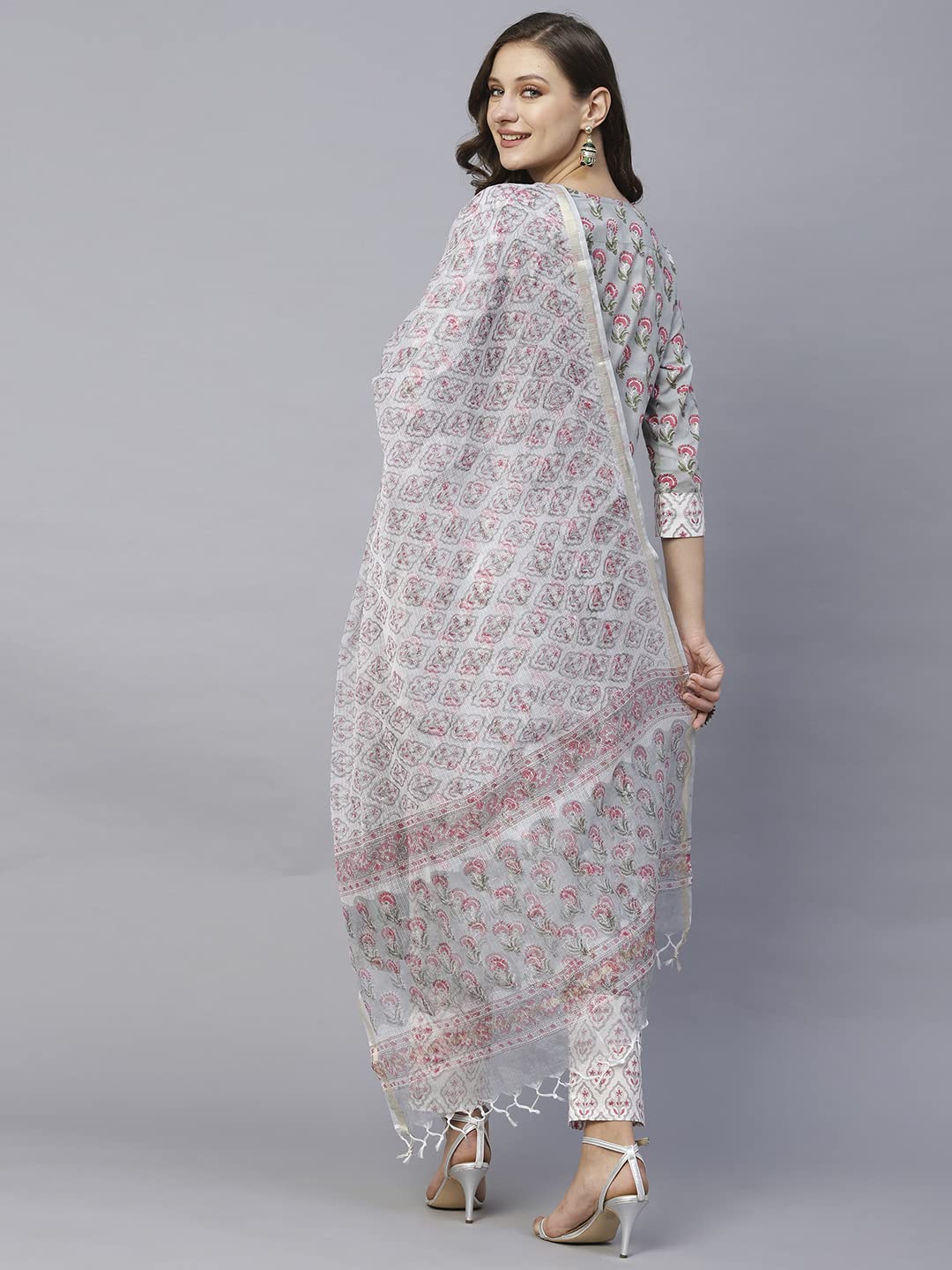 ANNI DESIGNER Womens Cotton Blend Straight Printed Kurta with Pant & Dupatta (Lord Grey-SNW_XL_Grey_X-Large)