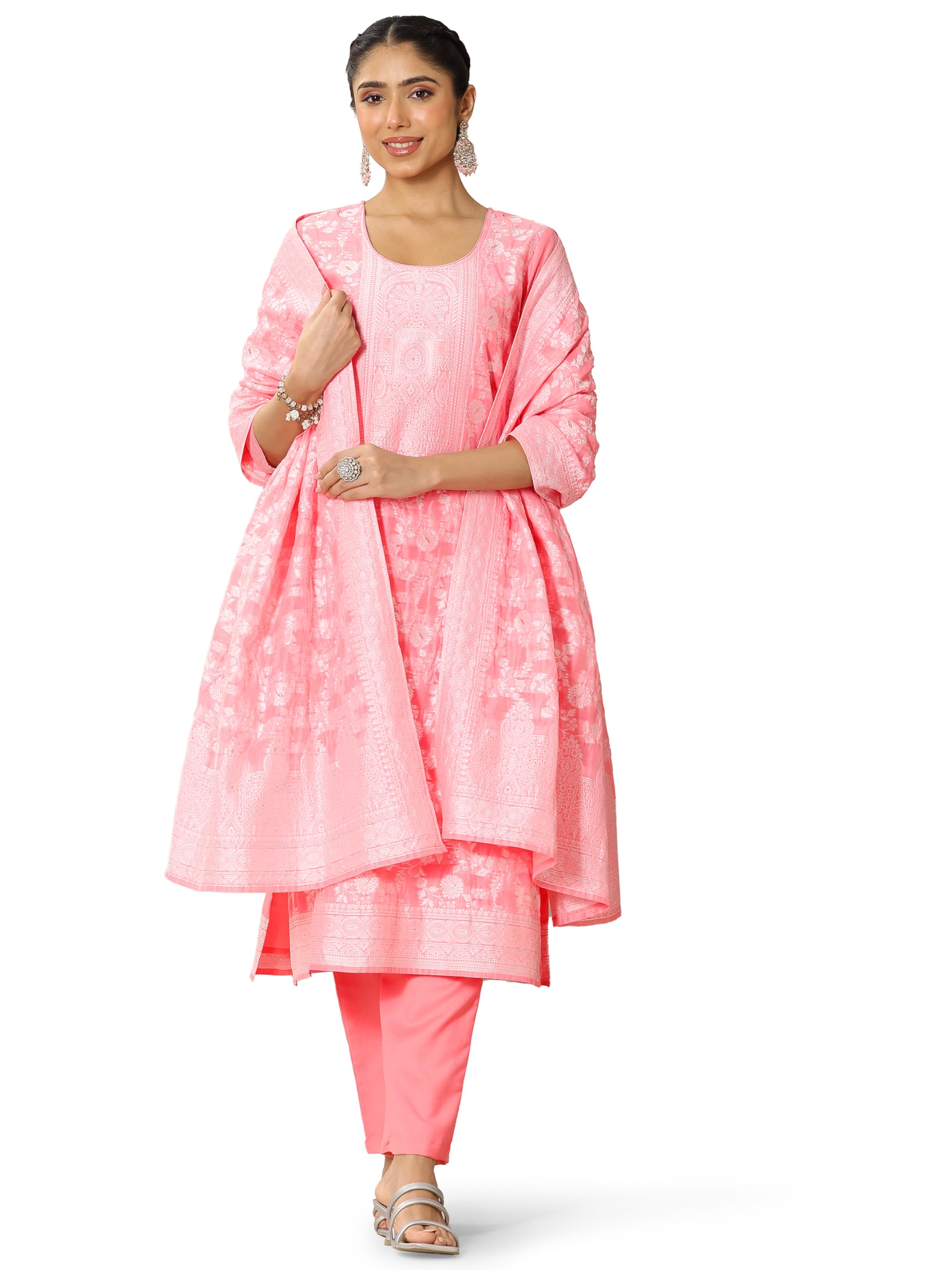 Libas WomenS Chanderi Silk Woven Design Straight Kurta Sets (99205_Pink_Xxl)