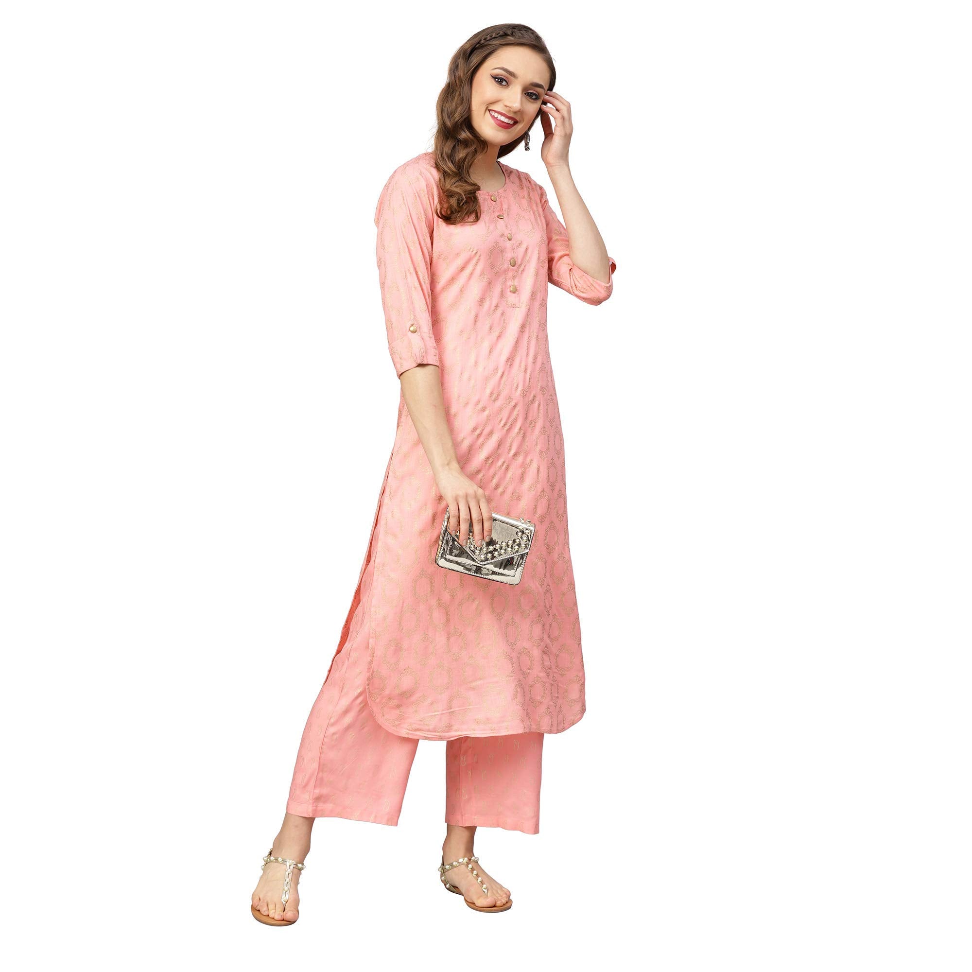 Idalia Peach Printed Kurta With Pants