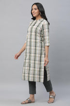 Aurelia Green Checked Cotton Regular Kurta for Women