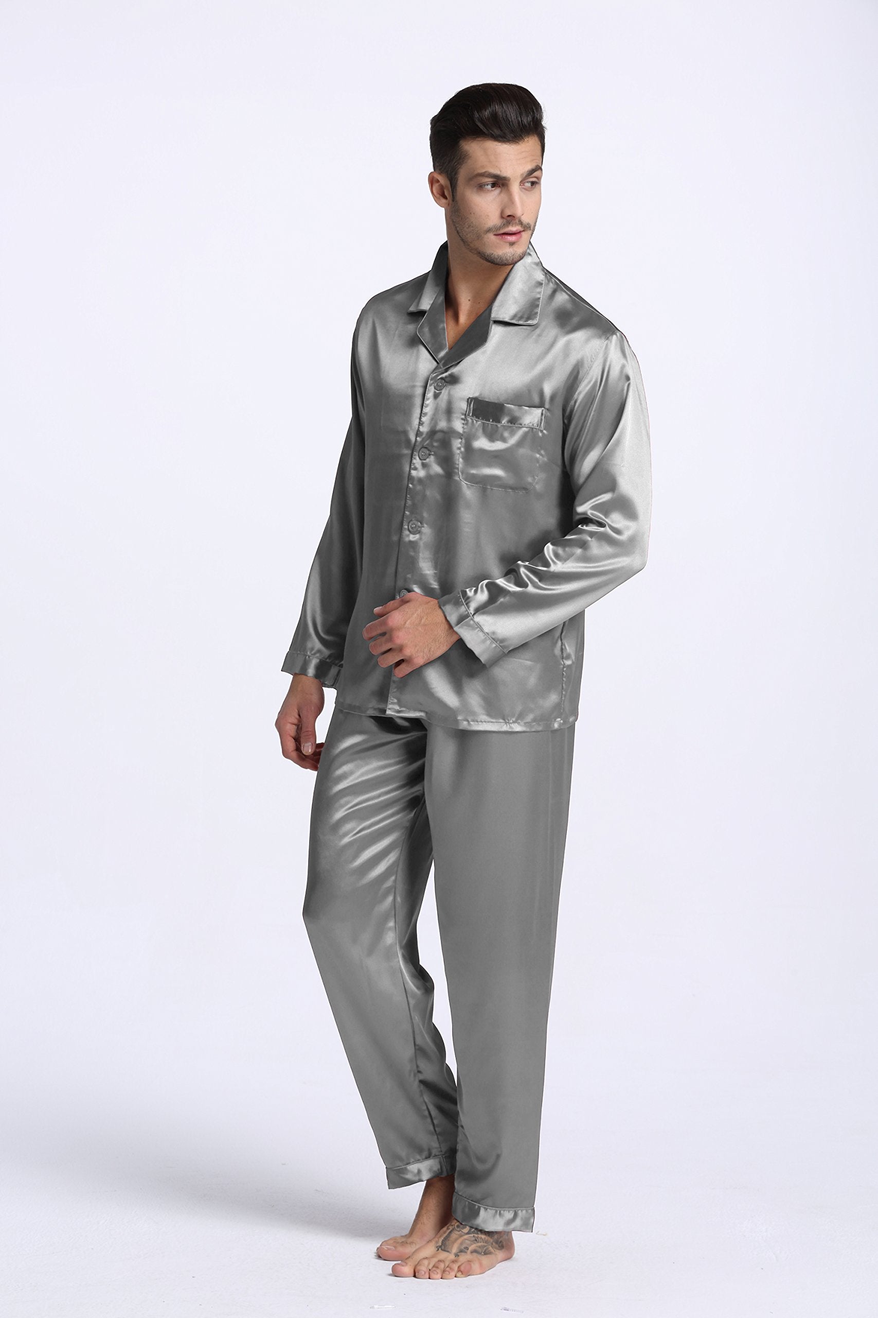 TONY & CANDICE Men's Classic Satin Pajama Set Sleepwear (Medium, Light Gray)