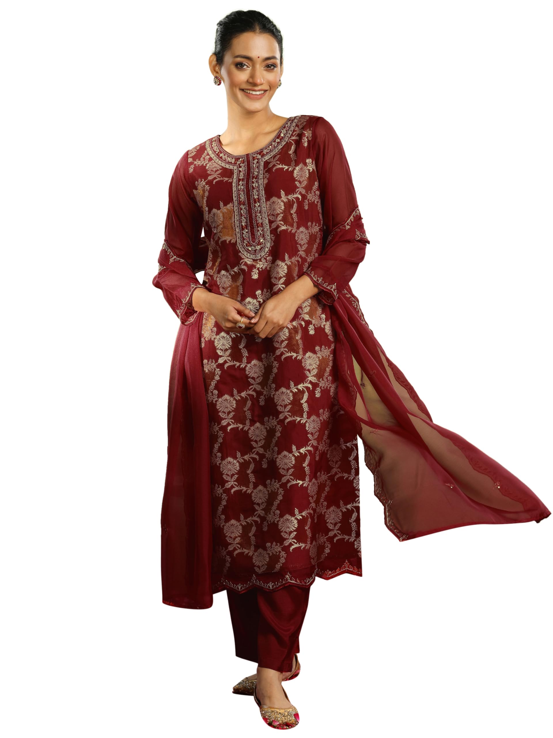 Libas WomenS Organza Woven Design Kurta Set (49318 Maroon