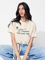 The Souled Store Textured T-Shirt: Far Away Women and Girls Short Sleeves Round Neck Off White Embroidered Cotton Blend Relaxed