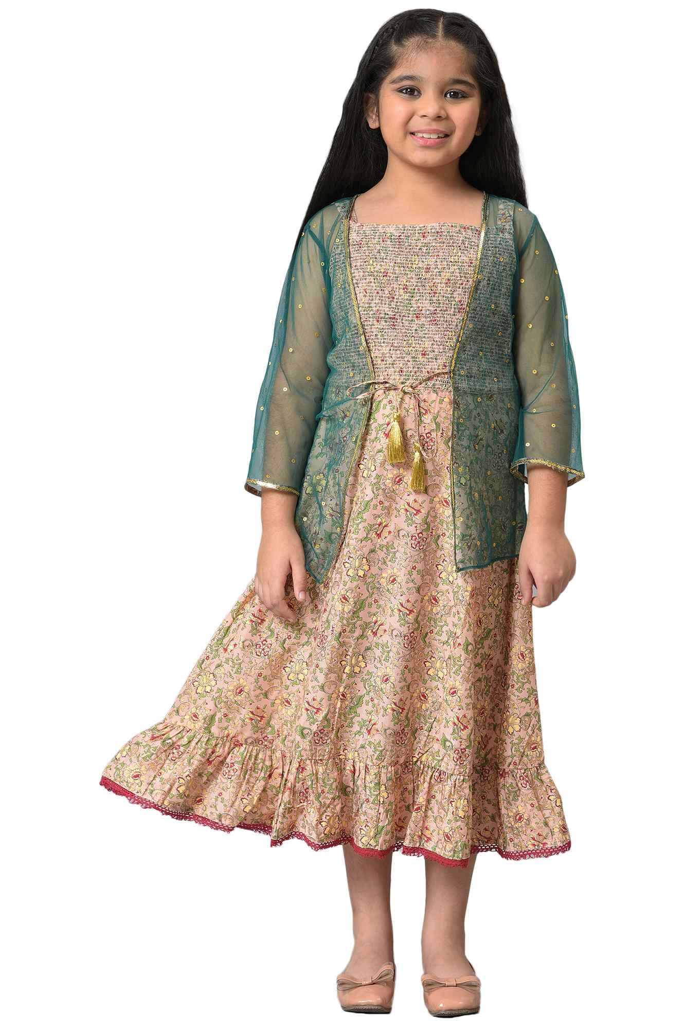 Aurelia Girls Green Geometric Printed Flared Dress with Gillet_22AUG10253A-506134_4-5