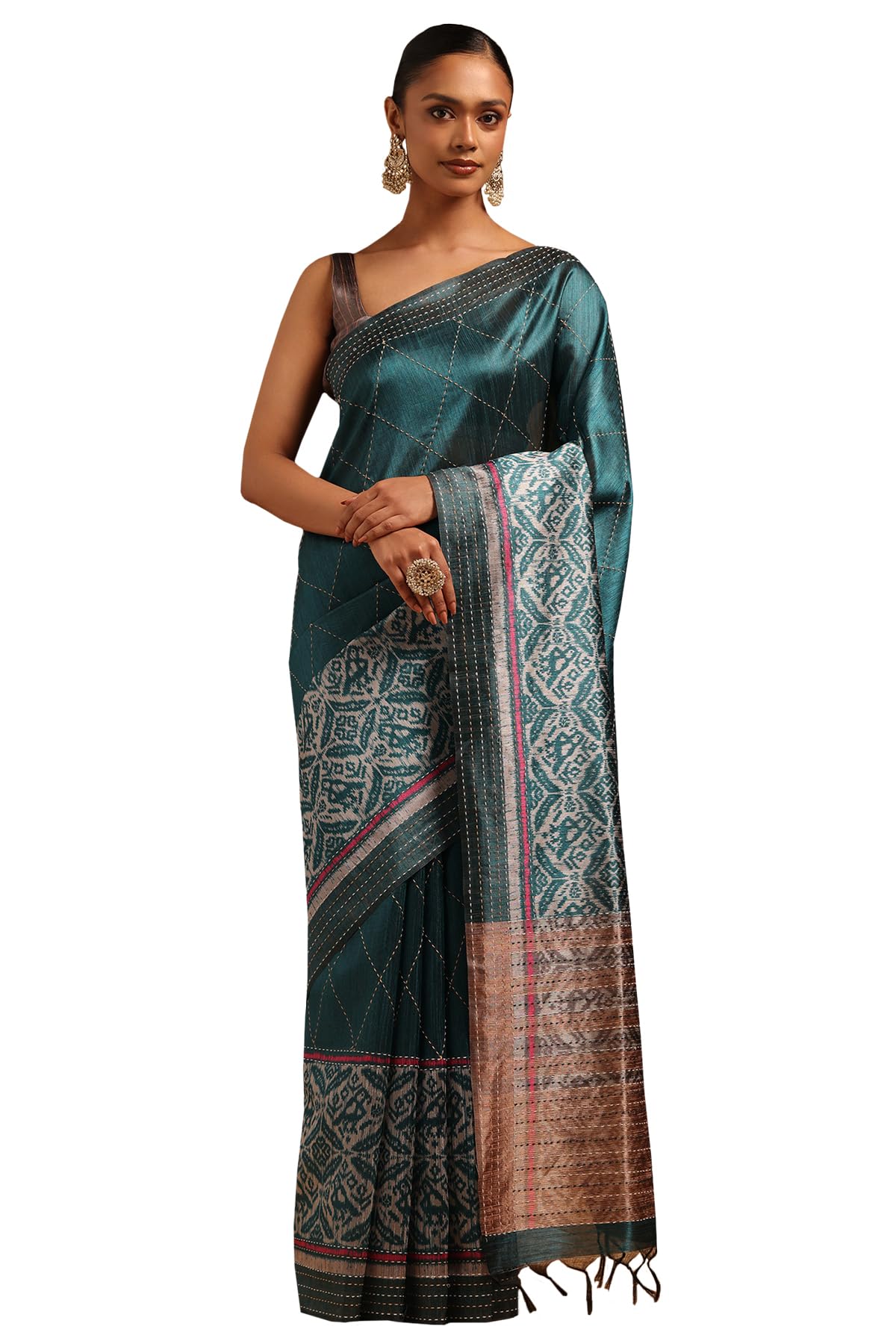 Soch Women Tussar Geometric Saree with Kantha Embroidery and Threadwork